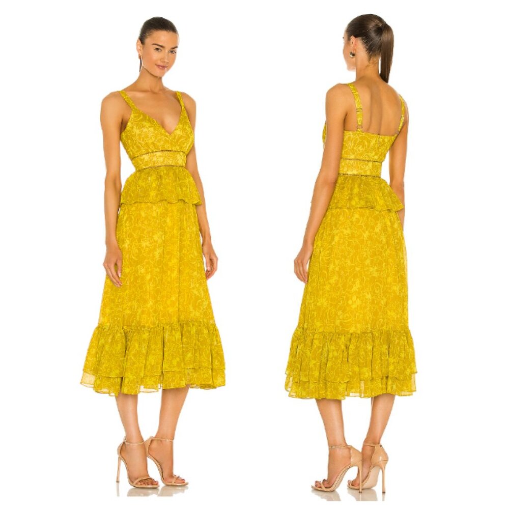 NWT LIKELY Carla Dress in Oil Yellow Multi Lattice Trim Size 4